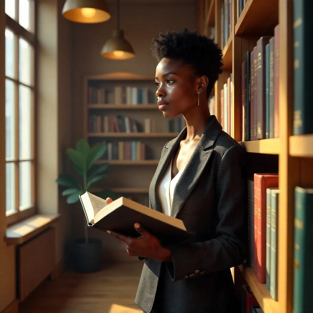 3D Render: Young Black Woman in a Library
