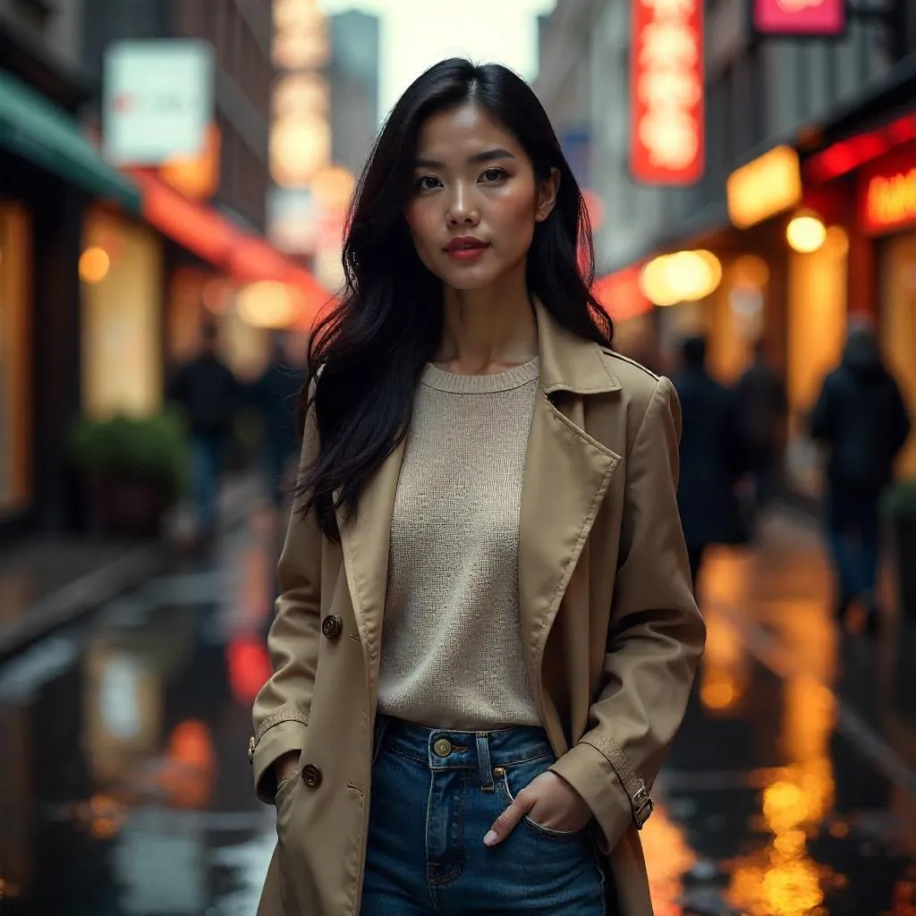 Photorealistic city street portrait of an adult Asian woman