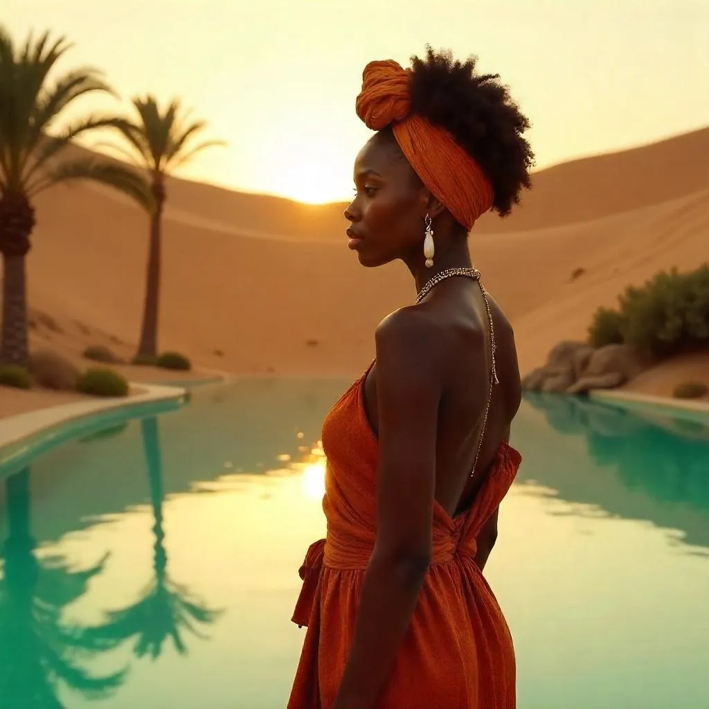 Desert Oasis Portrait: Black Woman at Golden Hour