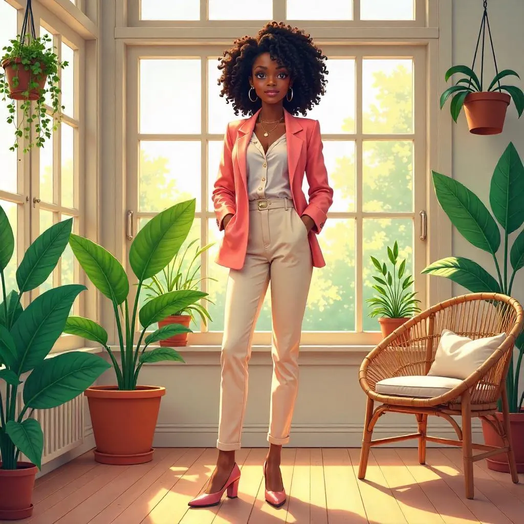 Stylish Black Woman in a Sunlit Anime Sunroom