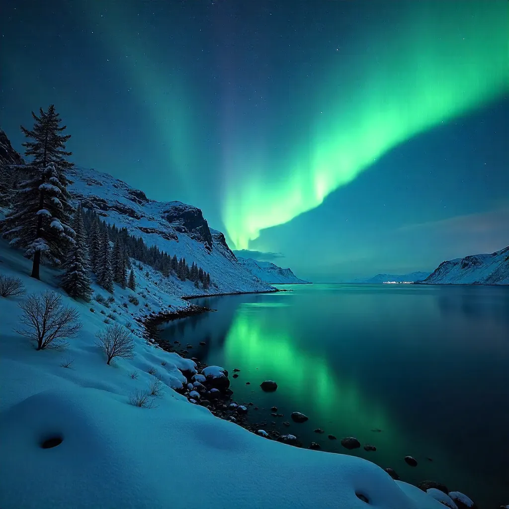 Northern Lights over Snowy Nordland Coastline, Norway