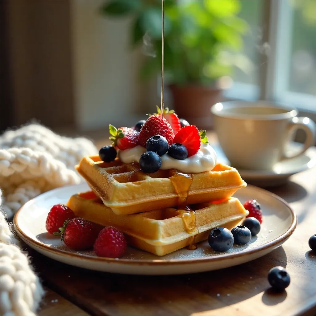 Cozy Waffles with Berries and Cream on a Morning Table