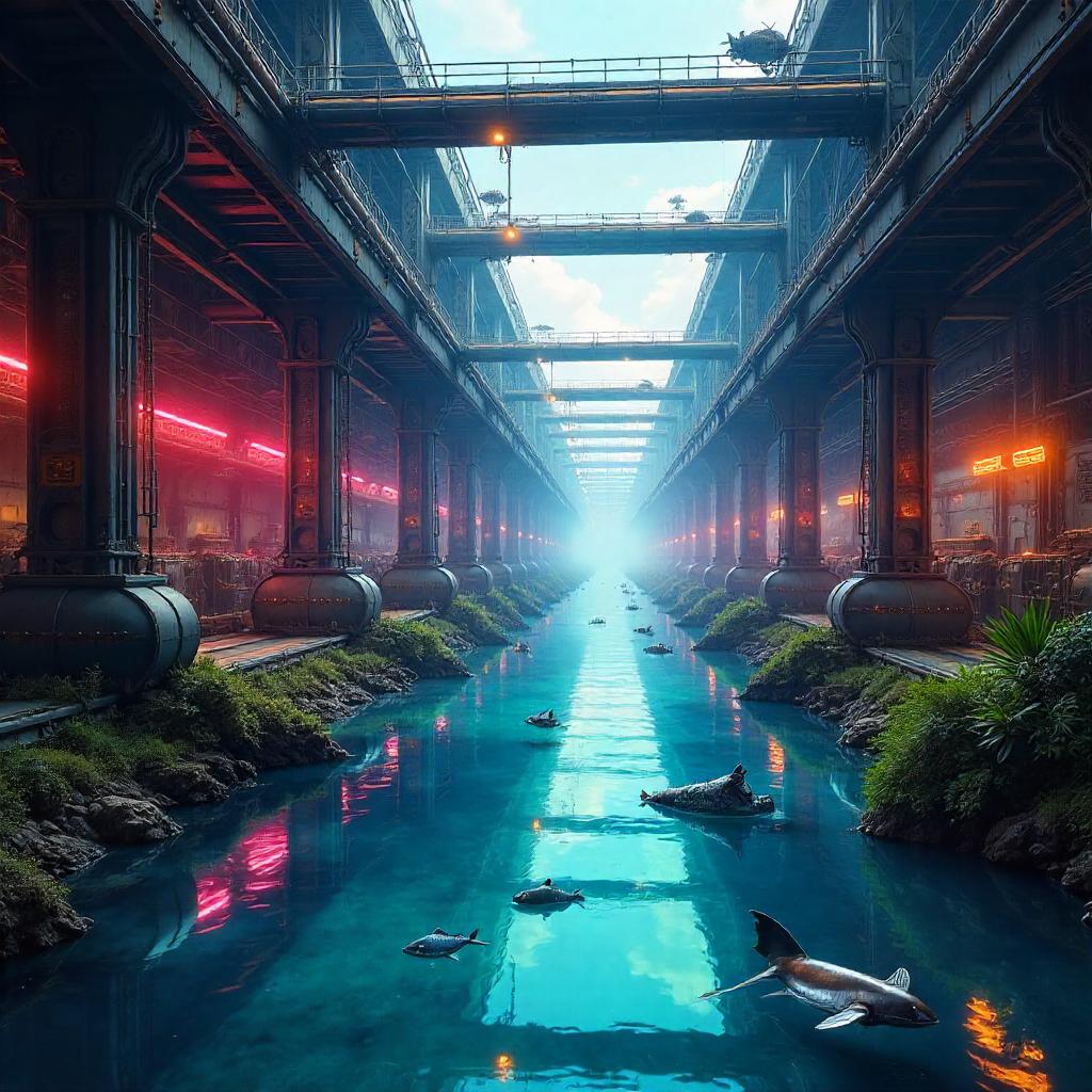 River Through a Colossal Robot Factory