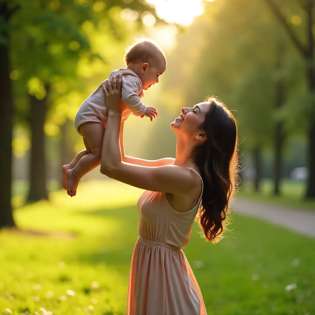 Joyful Park Moment: Mother Lifts Baby in Sunlight