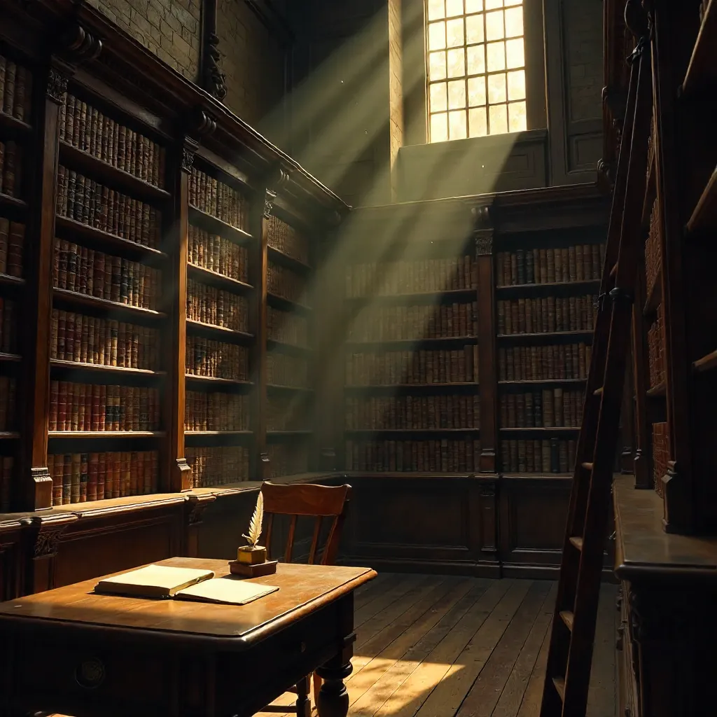 Antique Leather-Bound Books in a Dim Library