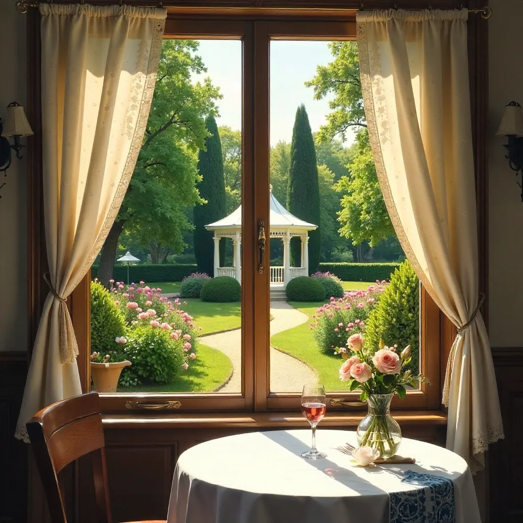 Serene Gazebo Garden View from a French Bistro Window