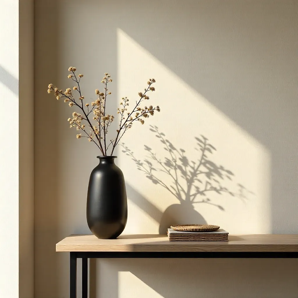 Cozy Minimalist Interior: Black Vase with Dry Flowers