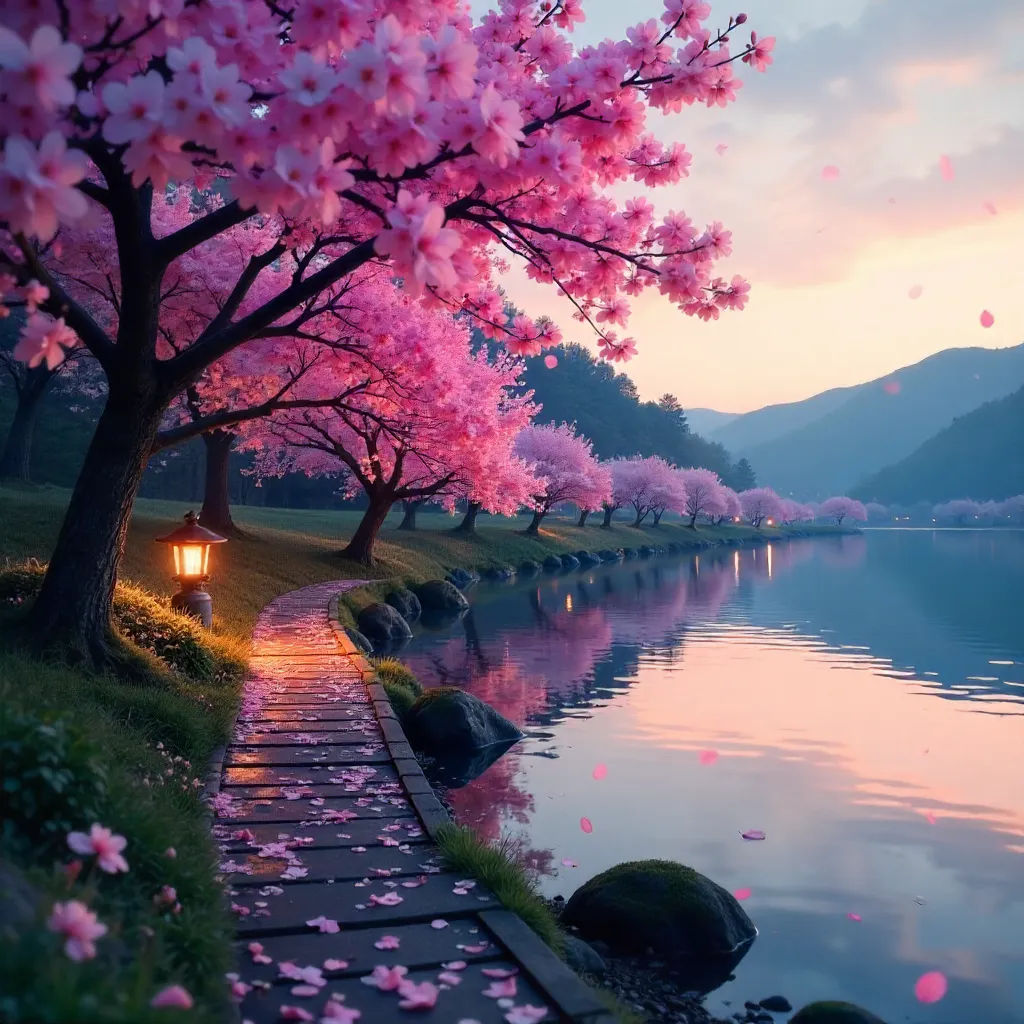 Twilight Cherry Blossoms: Enchanting Spring Scene