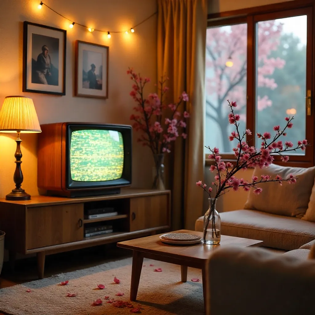 Cozy Retro TV Room with Cherry Blossoms