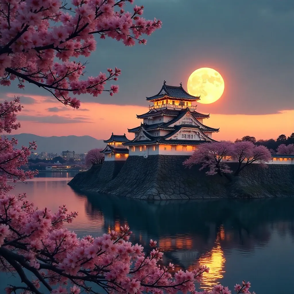 Moonlit Osaka Castle: Evening Light Over the Moat