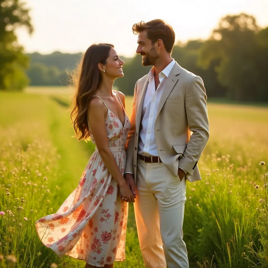 Golden Hour Field: Fashionable Couple in Greenery
