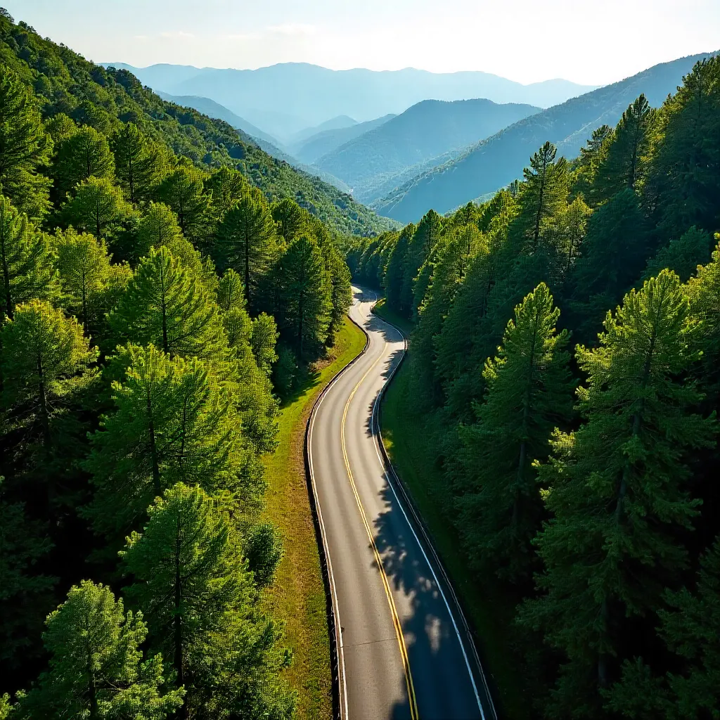 Drone Shot: Winding Forest Road in Gatlinburg (Summer)