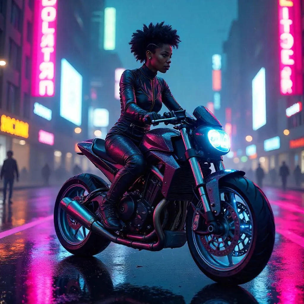 Midnight Neon Rider: Cyberpunk on a Bike
