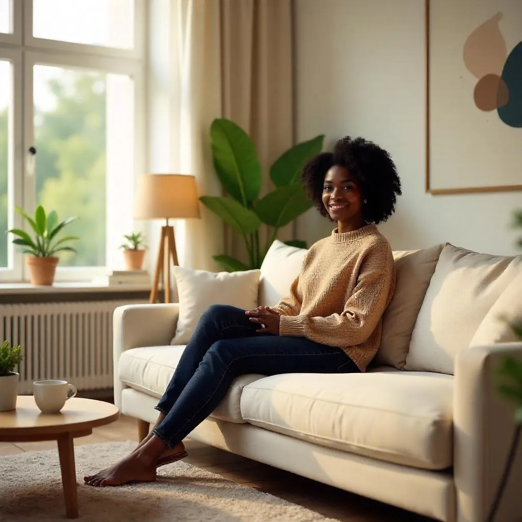Photorealistic Young Black Woman in a Living Room