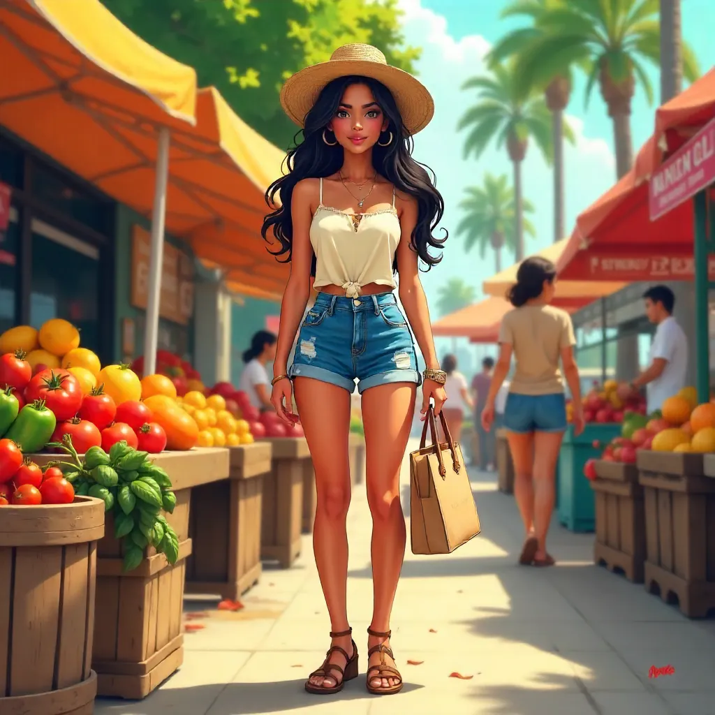 Stylish Latina at a Sunny Anime Farmers Market