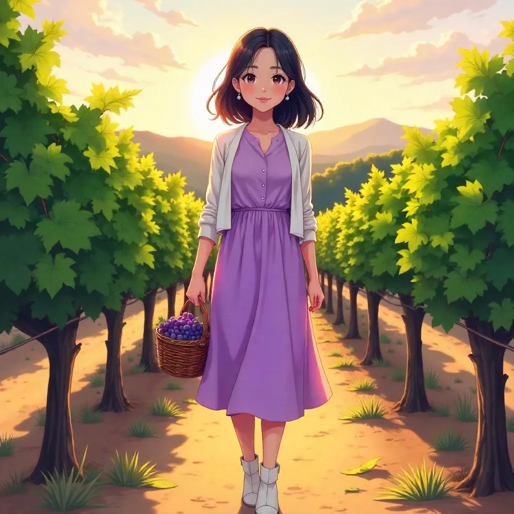 Stylish Asian Girl in a Golden-hour Vineyard (Anime)