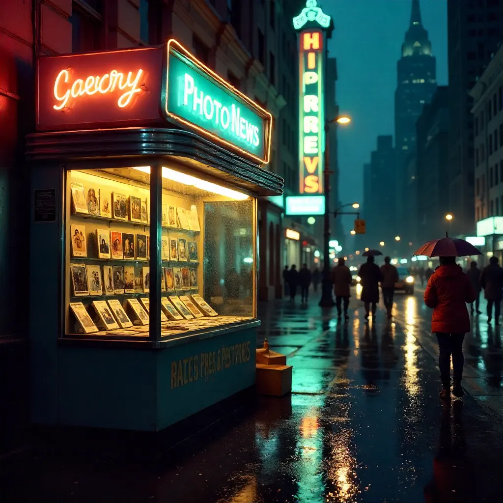 Nighttime Vintage Photonews Kiosk with Neon Glow