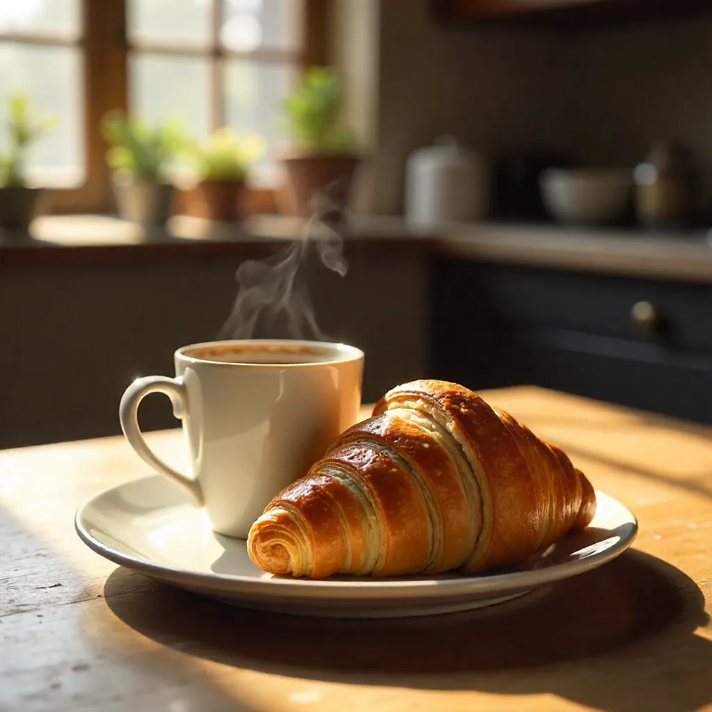 Cozy Morning: Coffee and Croissant on Wood Table