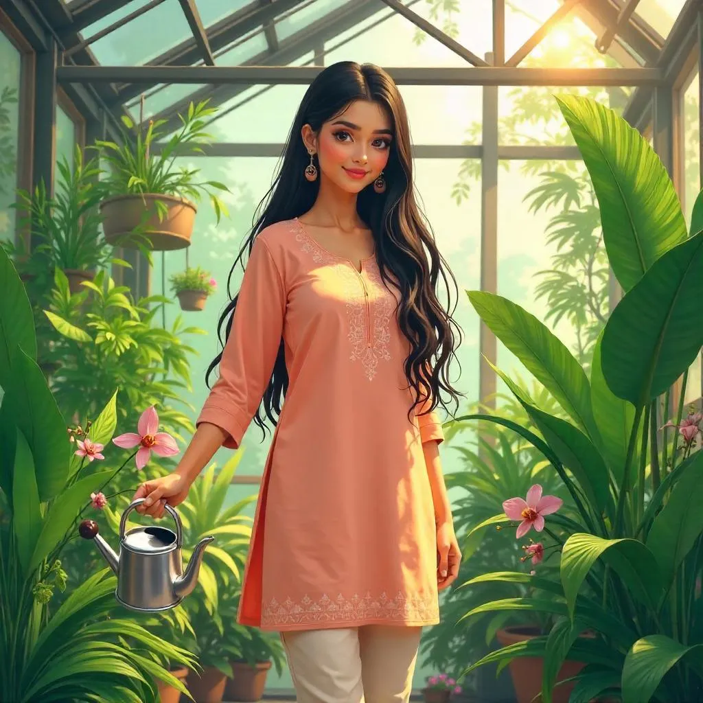 Sunlit Greenhouse Anime Portrait of a Young Indian Woman
