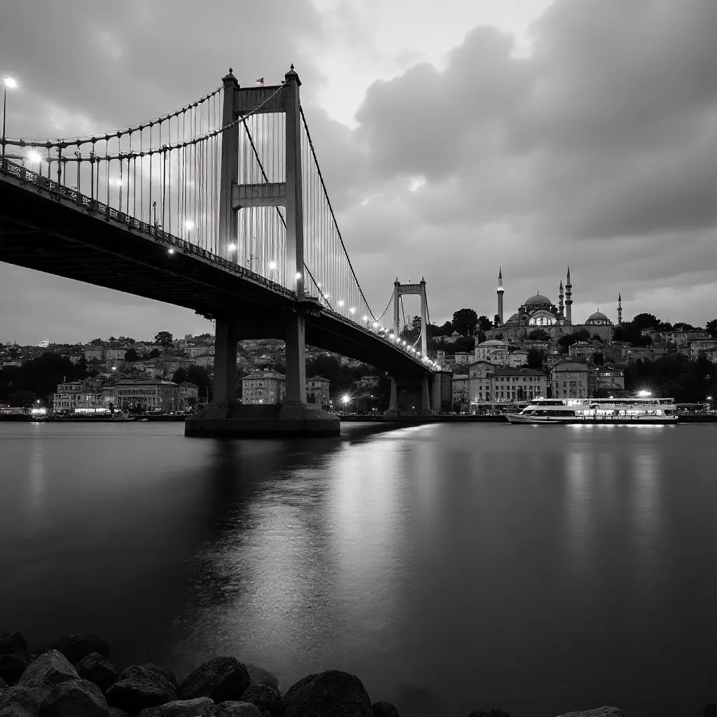 Monochrome Bosphorus Bridge: Istanbul Urban Silhouette