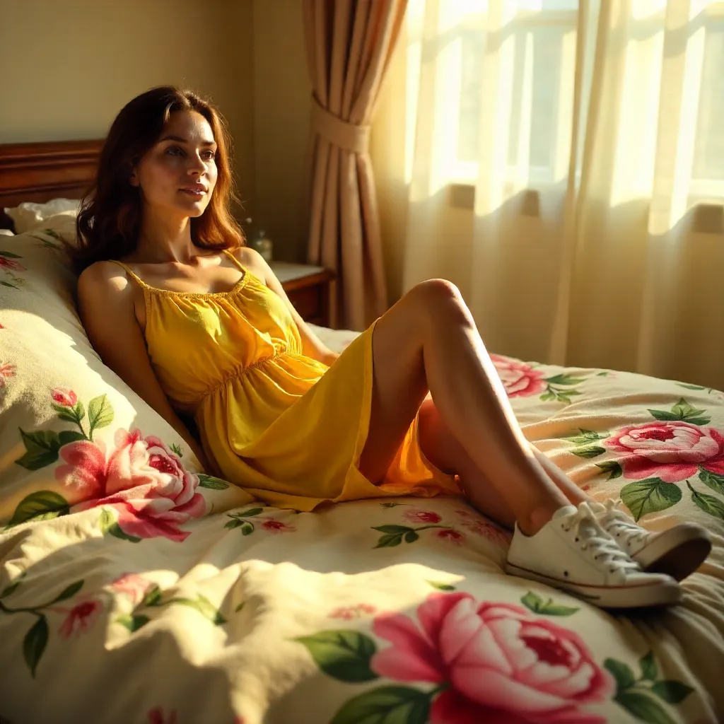Golden Hour Relaxation on a Floral Bedspread
