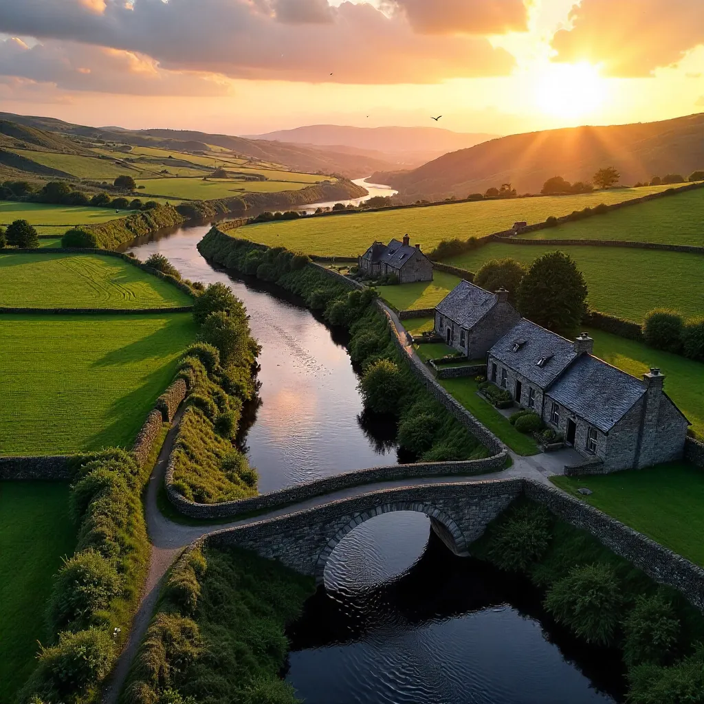 Sunset Aerial over County Clare: River and Village