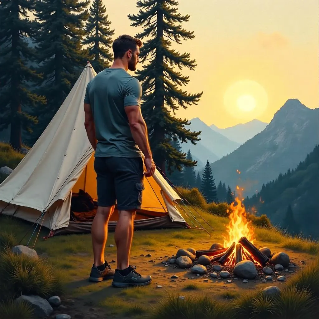 Athletic White Man at a Camp Site – Oil Painting