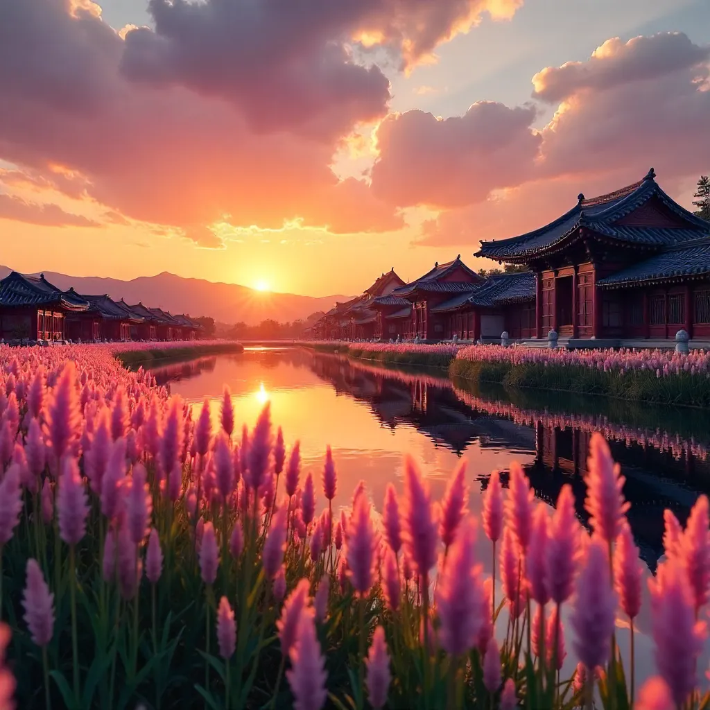 Sunset Over Gyeongju: Pink Muhly Grass with Hanok Silhouettes