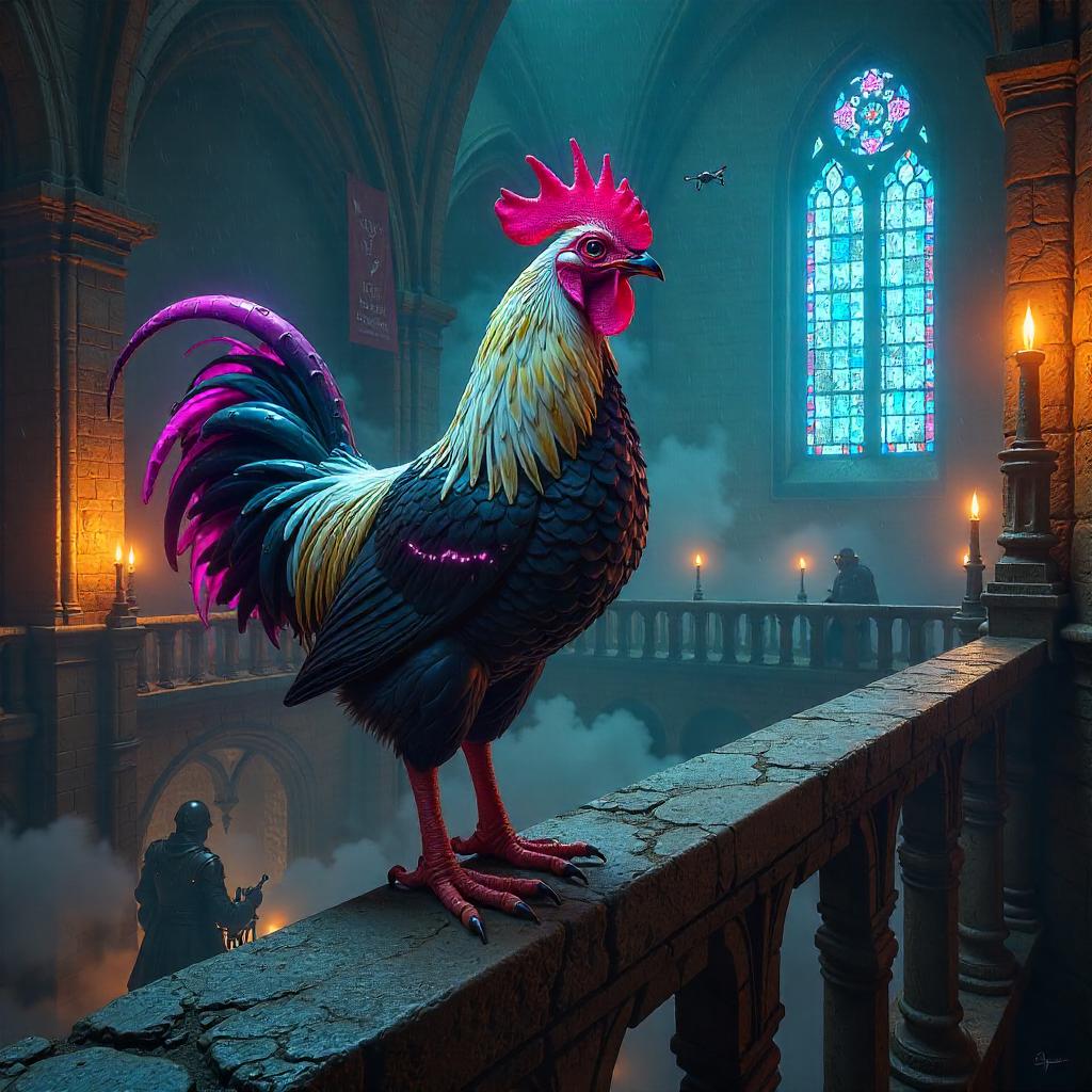Cyberpunk Chicken in a Medieval Castle