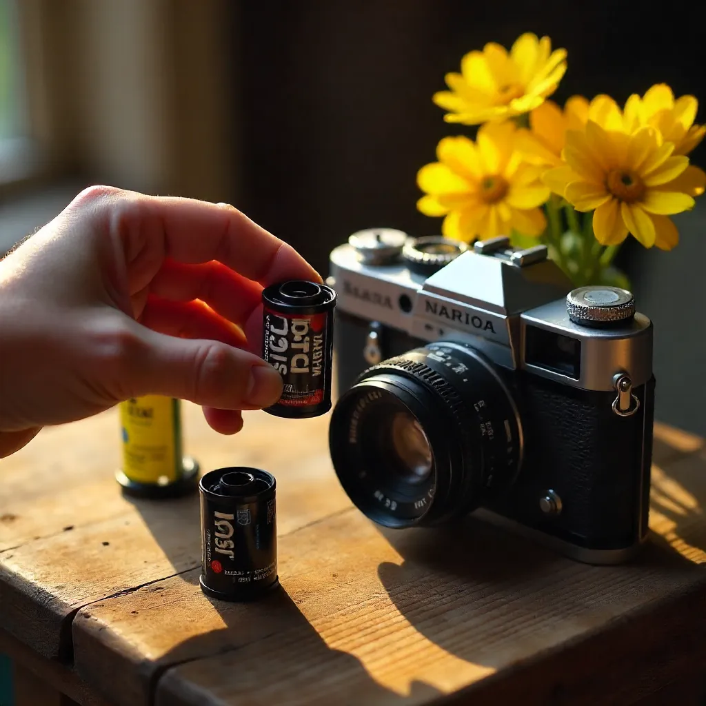 Holding Film Rolls, Vintage Camera, and Yellow Flowers