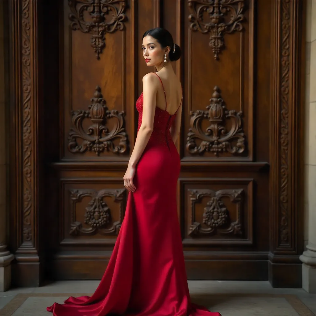 Graceful Red-Dress Woman Before Carved Door