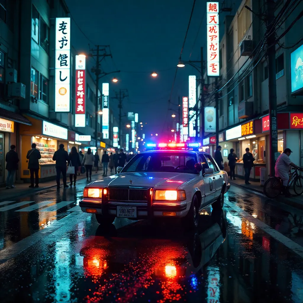 Neon Night Pursuit: Tokyo Police Car in the City