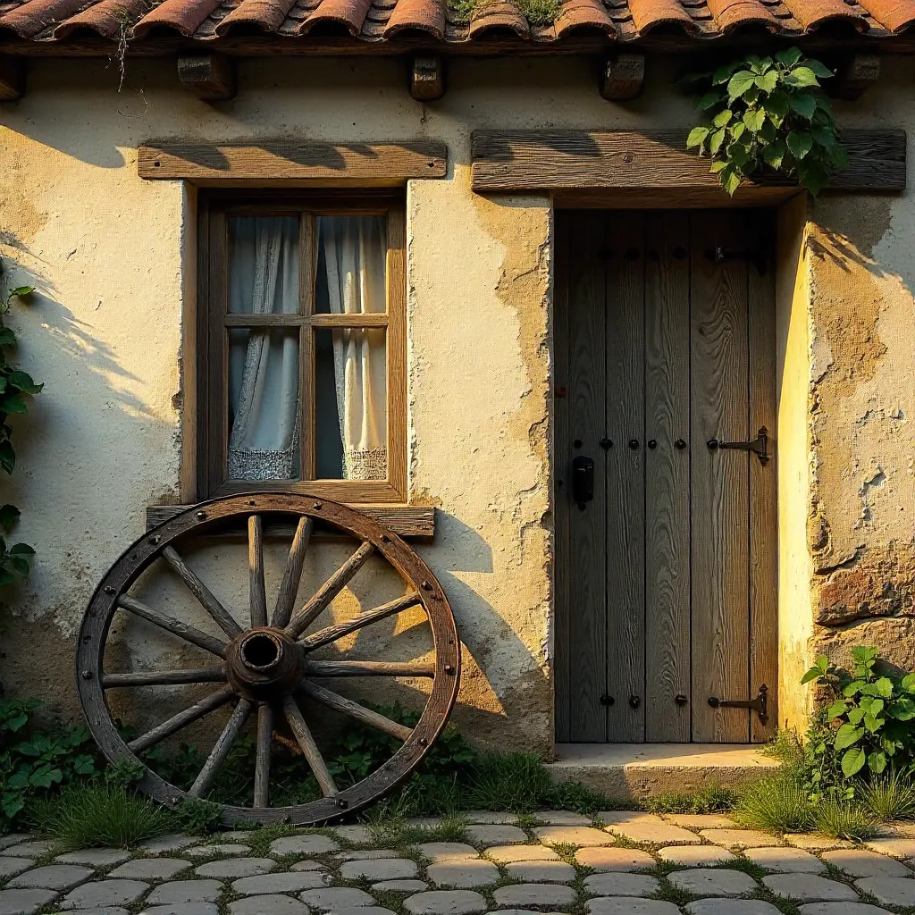 Quaint Rustic Cottage Wall with Wagon Wheel and Window