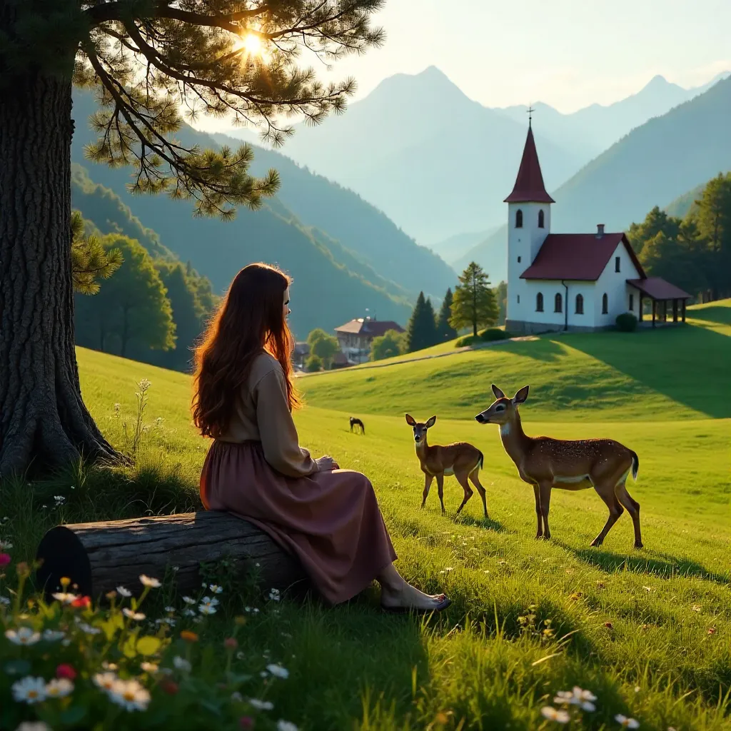 Woman Among Deer in a Slovenian Hillside Village