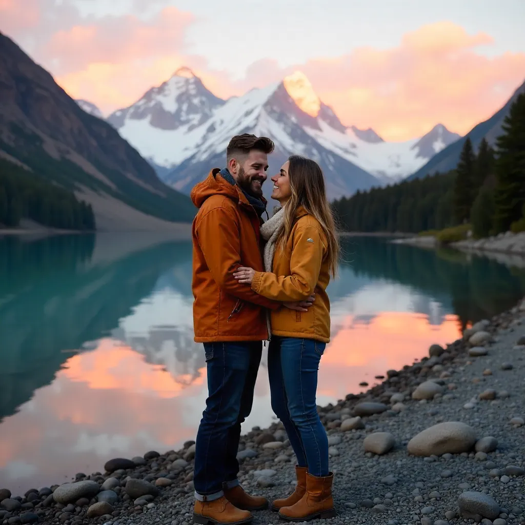 Joyful embrace beside a Patagonian lake
