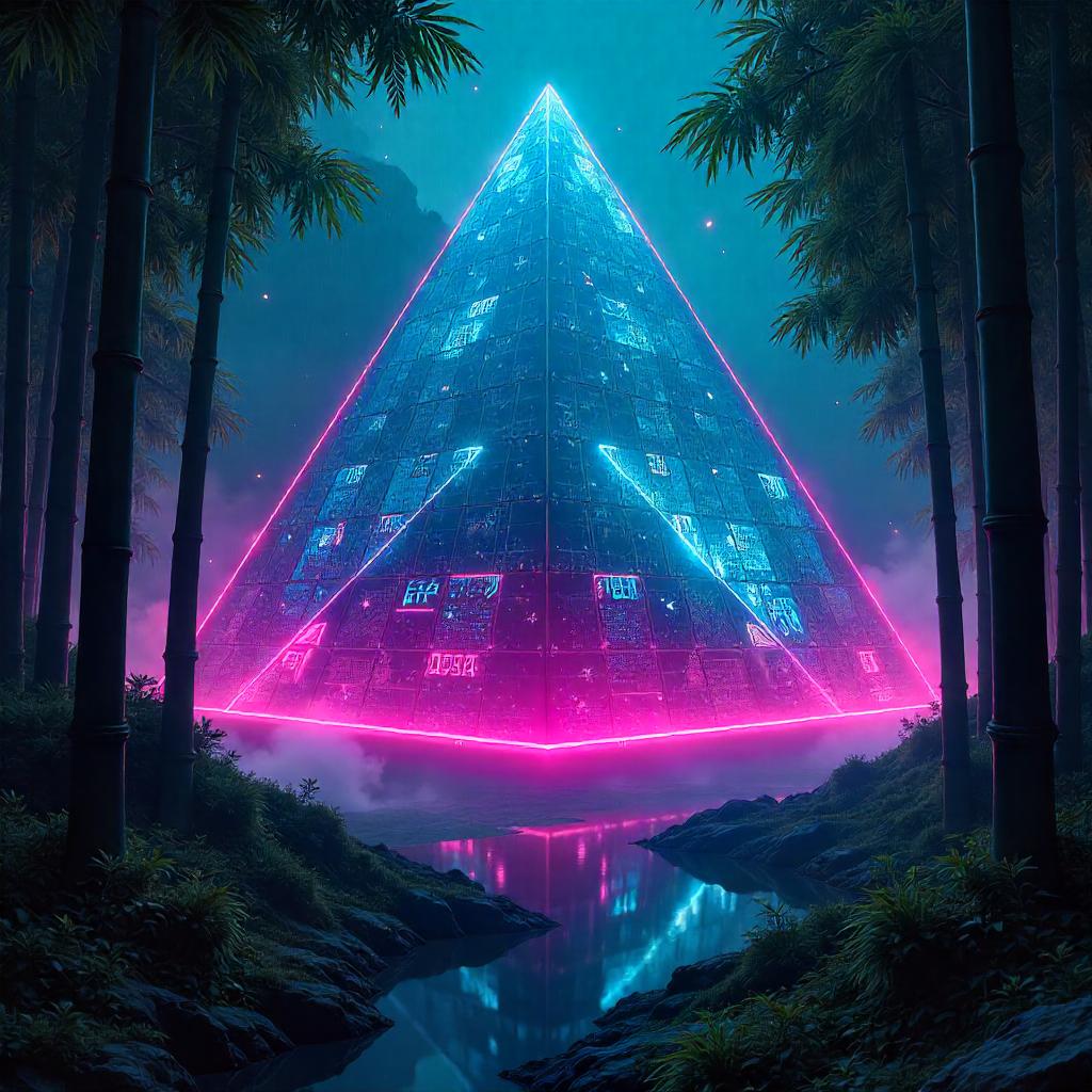 Neon Pyramid Rising in the Bamboo Cyberpunk Grove