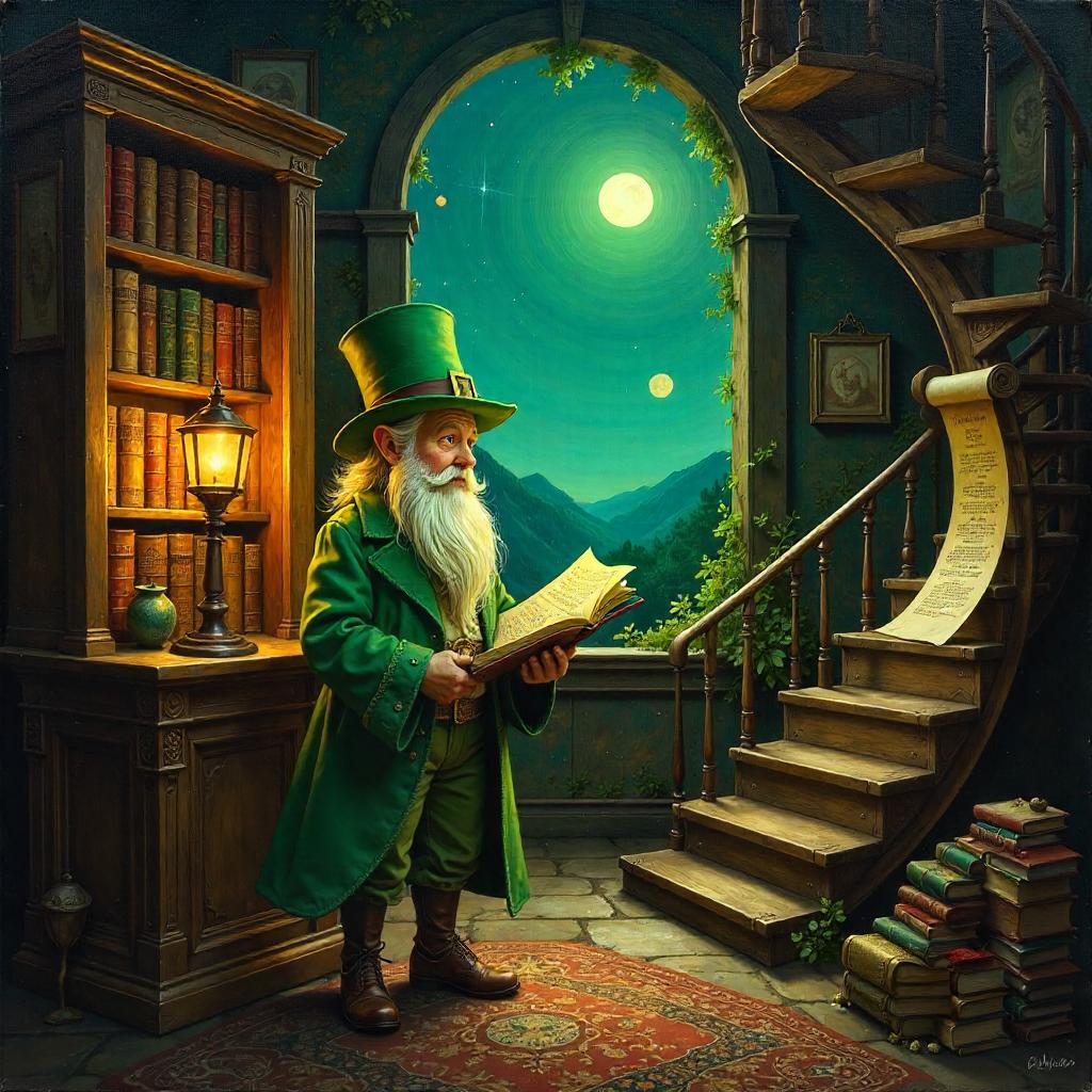 Leprechaun in an Enchanted Library Oil Painting