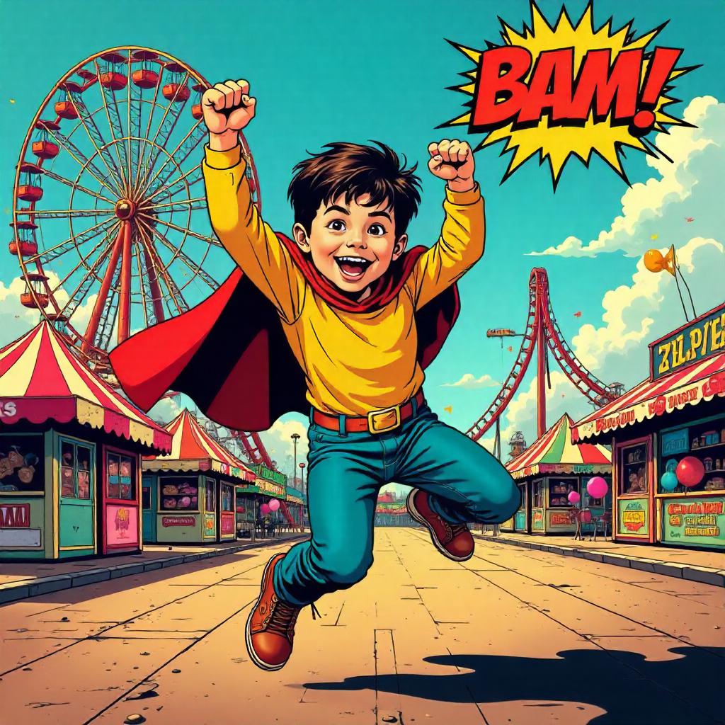 Comic-Book Hero Child at the Amusement Park