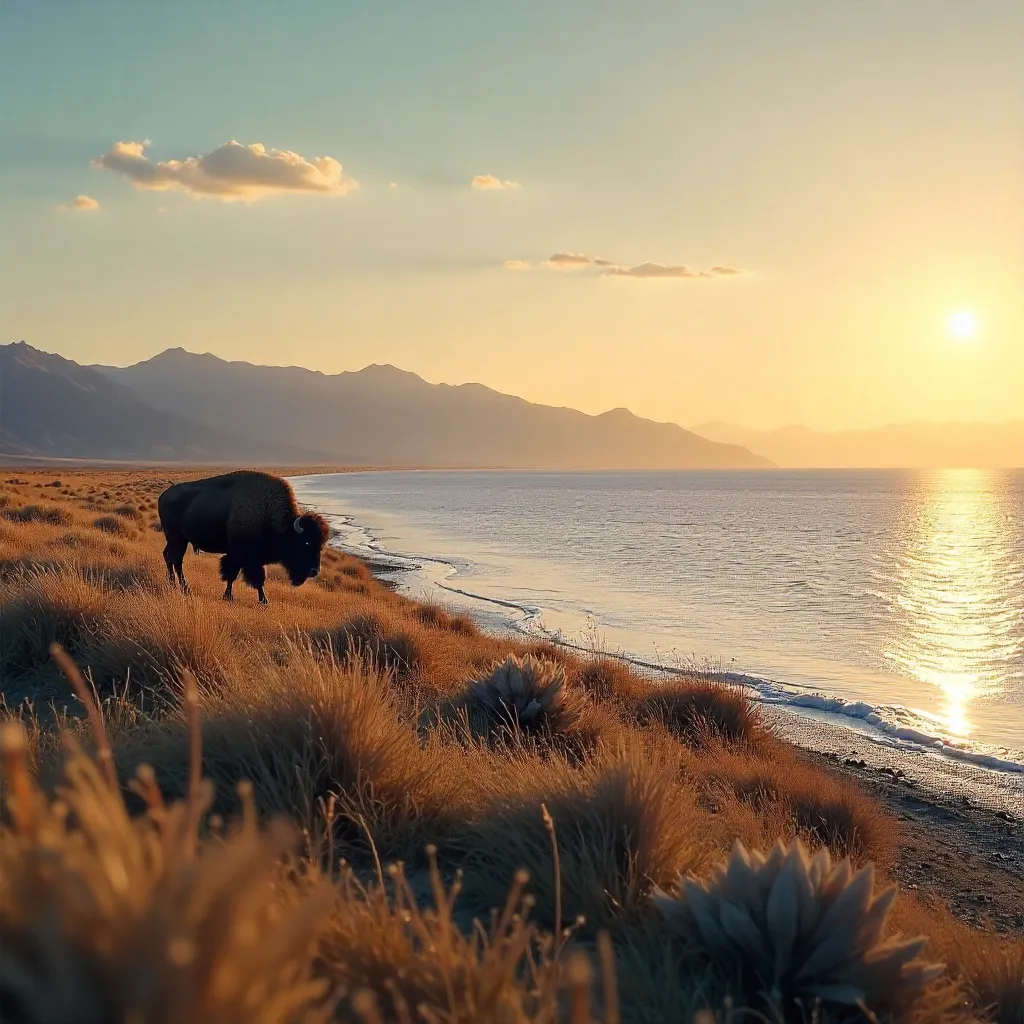 Solitary Bison on Antelope Island at Golden Hour