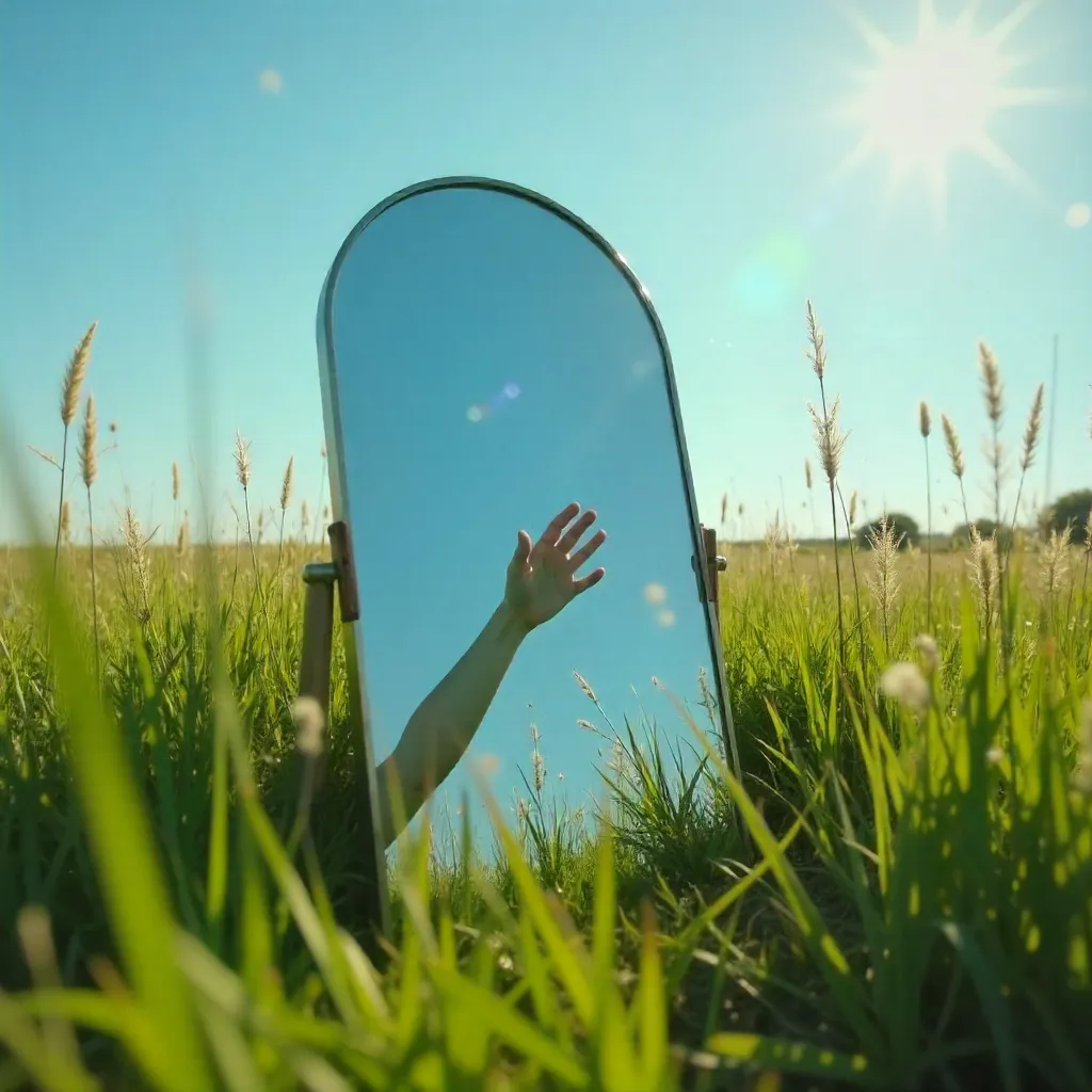 Mirror Hand in a Meadow Under a Clear Sky