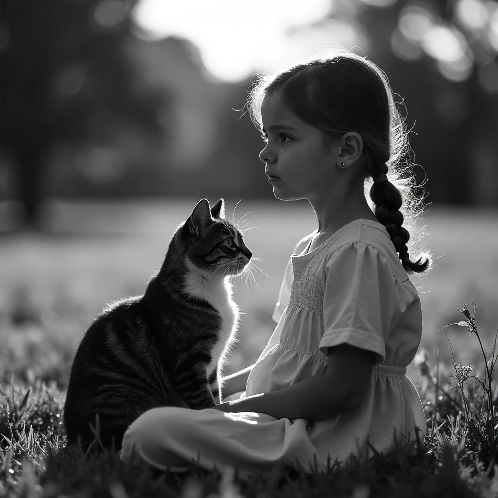 Monochrome Moment: Girl and Cat Outdoors