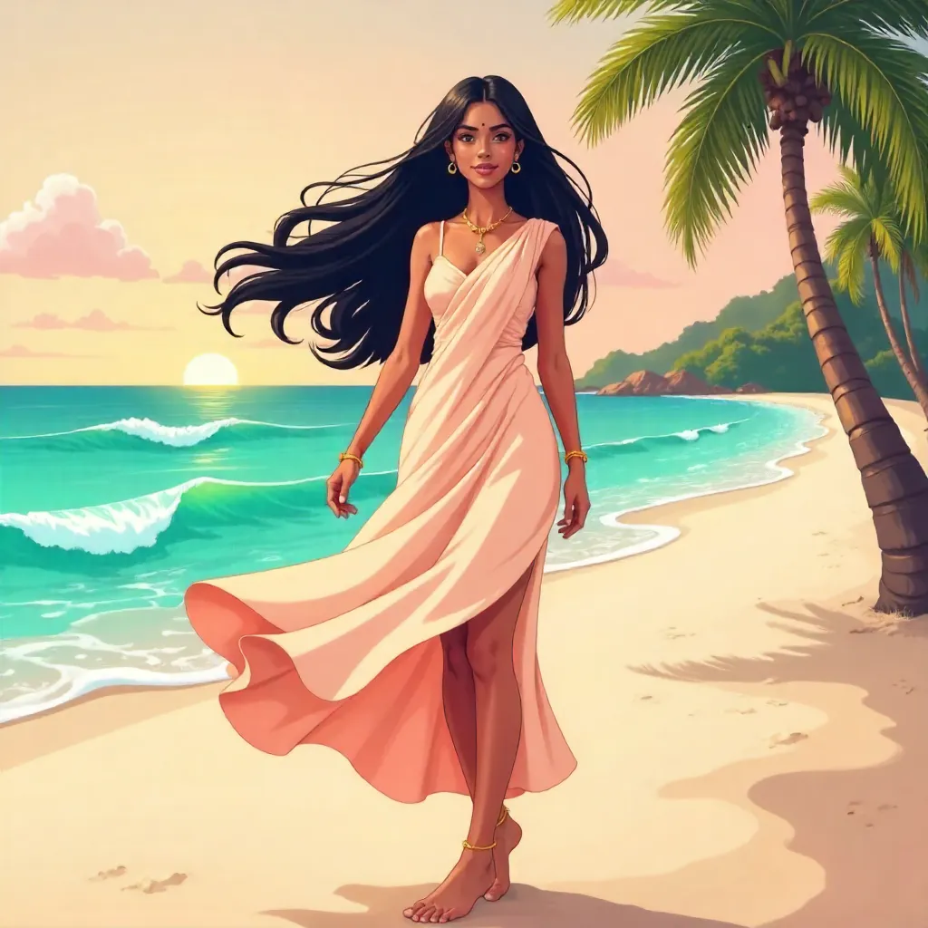 Anime-Style Indian Woman on a Golden Beach