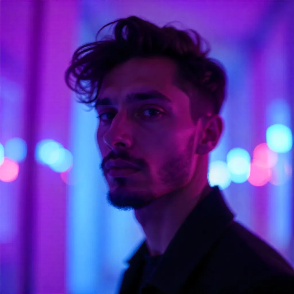 Blurred Neon Portrait: Purple-Blue Abstract
