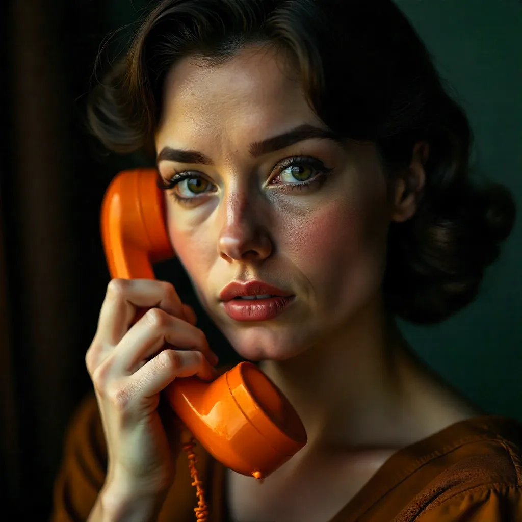 Moody Portrait: Woman with Vintage Orange Phone