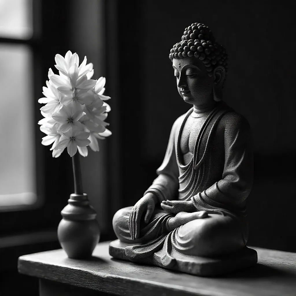 Moody Black-and-White Buddha with Hyacinth Bloom