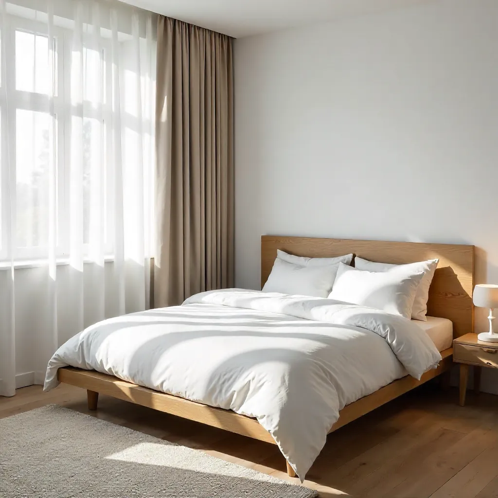 Minimalist Bedroom with Wooden Headboard and Soft Lamp