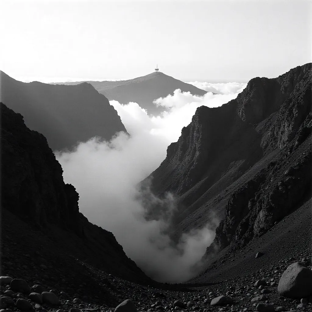 Monochrome Ridge: Madeira's Fog and Radar Dome