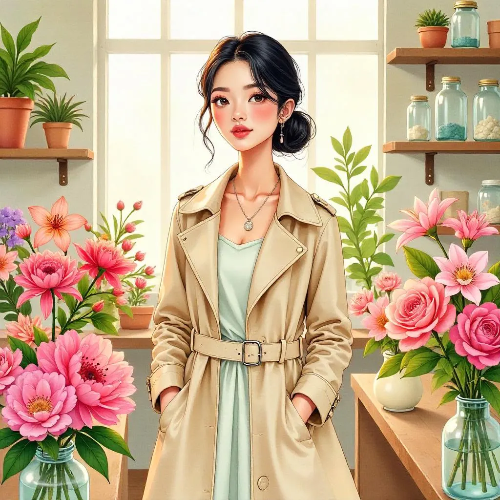 Watercolor Chic: Asian Girl in a Flower Shop