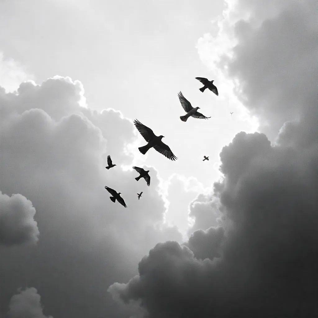 Monochrome silhouettes of birds against a cloudy sky