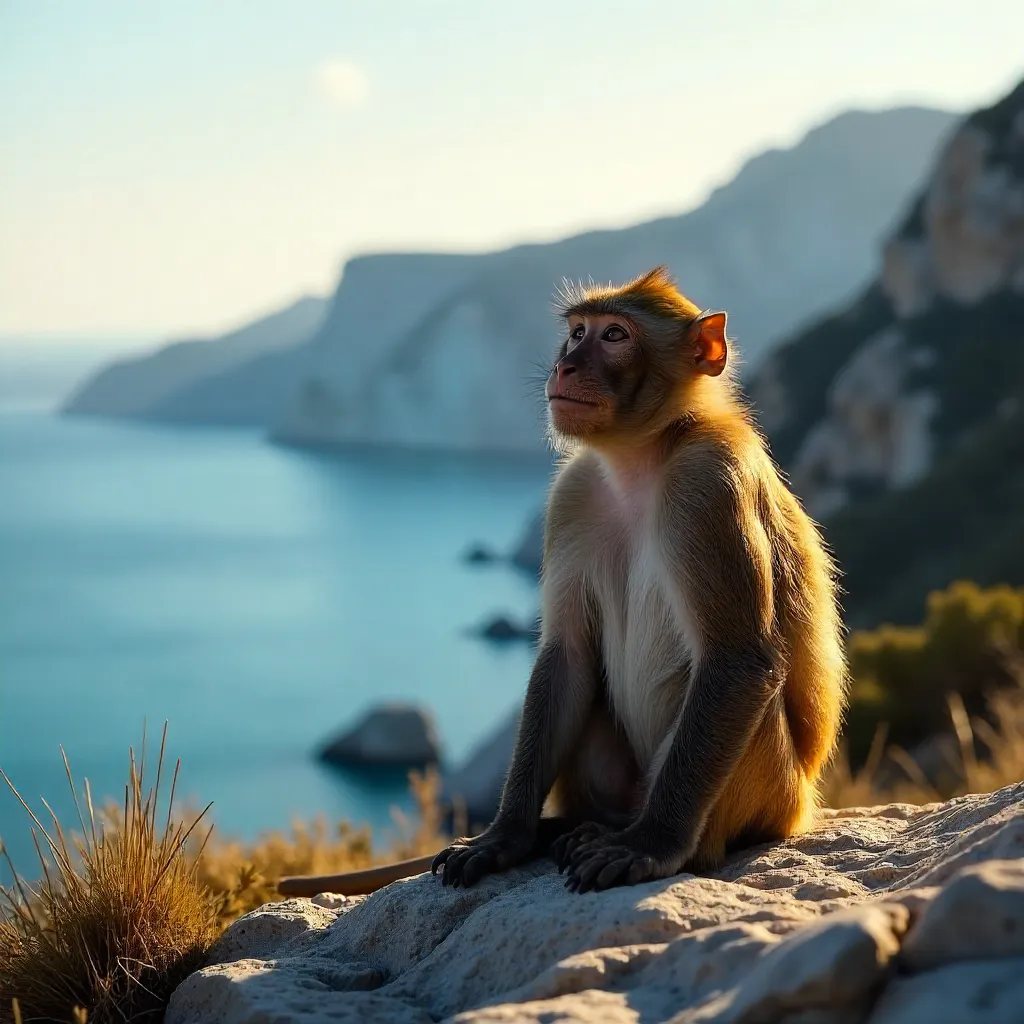 Sunlit Barbary Macaque on Rock of Gibraltar